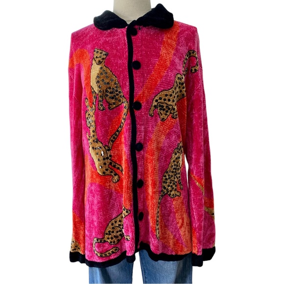 “THAT SWEATER” Neon Pink & Orange Chetah w/ Sequencing & Chenille - Picture 4 of 12